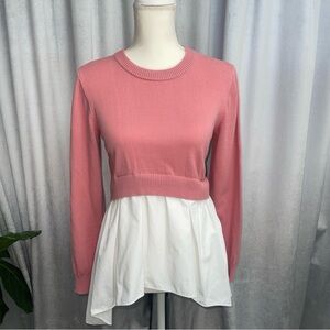 Cato Womens Top-Crew Neck Long Sleeve Tiered-Flare Bottom-Size Small-Pink/White